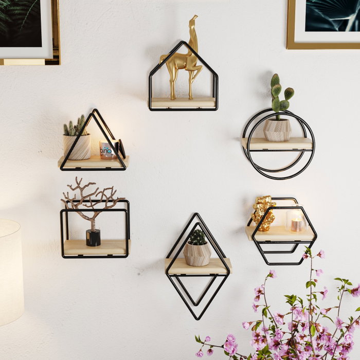 Hanah Home Set de 6 Estantes de Pared de Madera Maciza, Oro y Negro